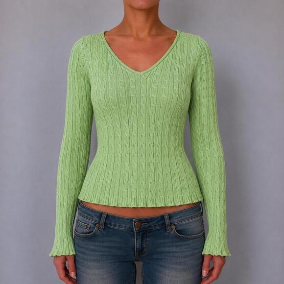 Ralph Lauren Sweaters - RALPH LAUREN Vintage Silk Green Cable Knit V Neck Preppy Luxury Sweater Size L